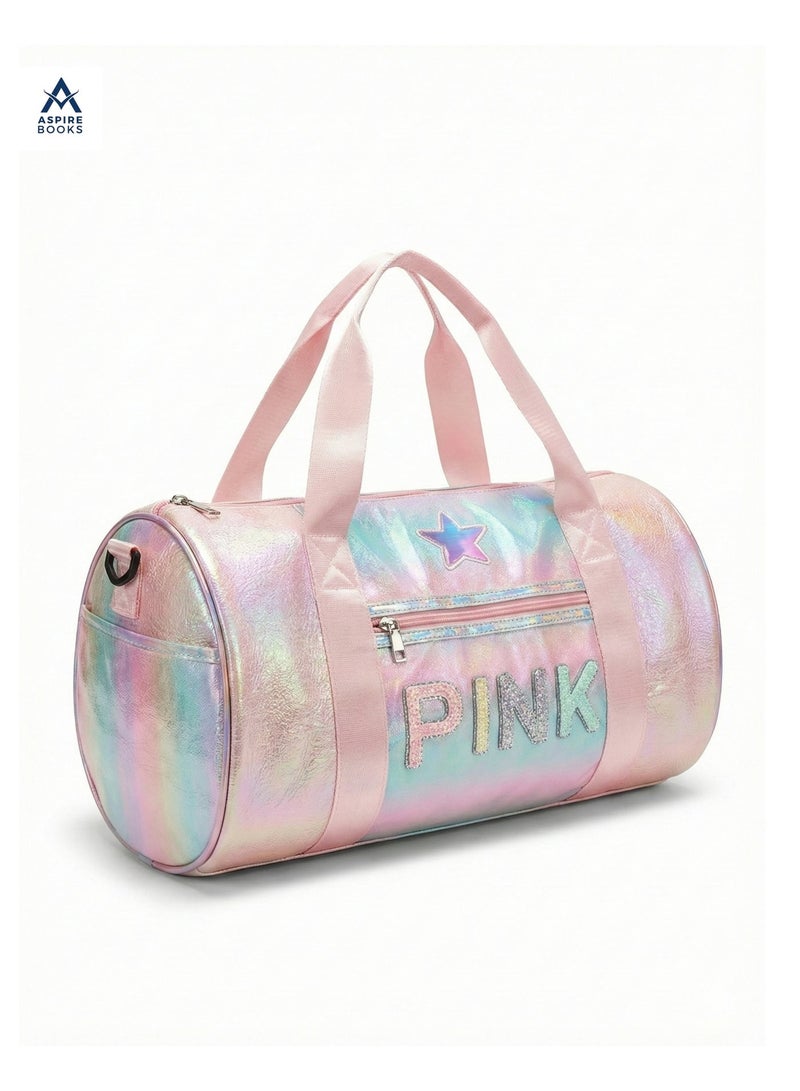 Aspire Books Kids Holographic Duffle Bag with Coin Pouch – Iridescent Travel Weekender & Dance Bag for Girls – Glitter "PINK" Lettering, Star Patch, and Adjustable Strap – Perfect for Shopping, Outings, and Sleepovers (Pink/Rainbow) - Image 5